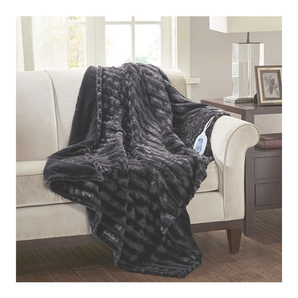 Black faux fur Heated throw blanket